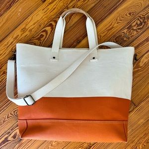 Large LLBean Tote Handles Shoulder Strap Canvas Natural Orange Open Top Snap
